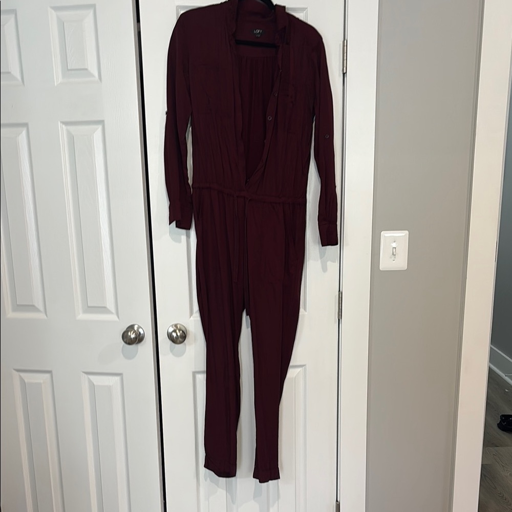 LOFT Red Jumpsuit with Long Sleeves and Fitted Silhouette